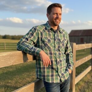 Wrangler Western Fashion Pearl Snap Blue Green Plaid Shirt Men’s XL Lightweight